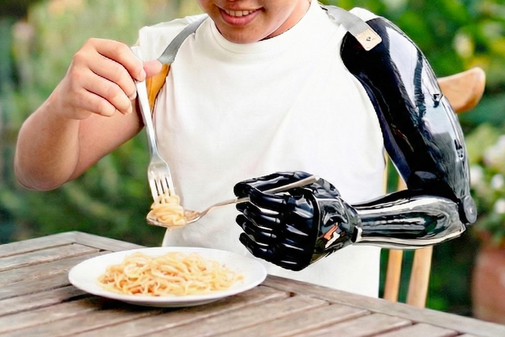 Người khuyết chi sử dụng tay điện chức năng Vulcan khi ăn uống