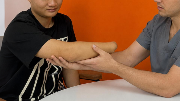 A prosthetist manually palpating a patient's residual limb to locate viable muscle signals during a traditional myoelectric fitting session.